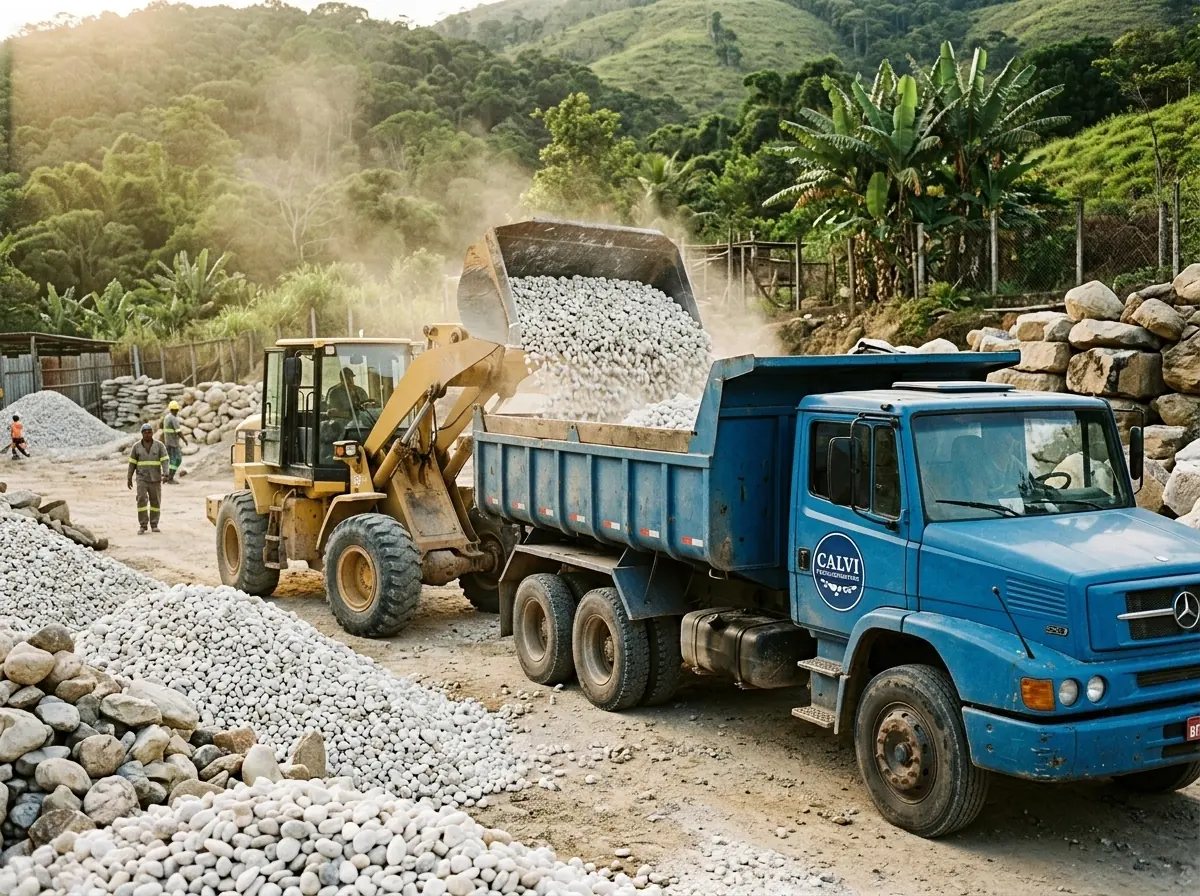 Pá carregadeira enchendo um caminhão azul de seixo branco