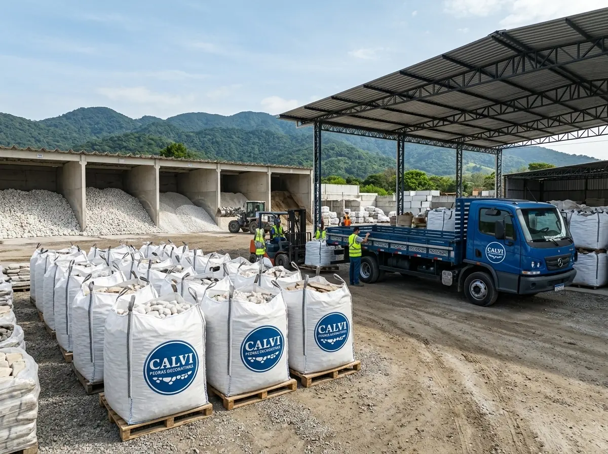 Pátio com baias de seixo branco e bags com a logo da Calvi Pedras