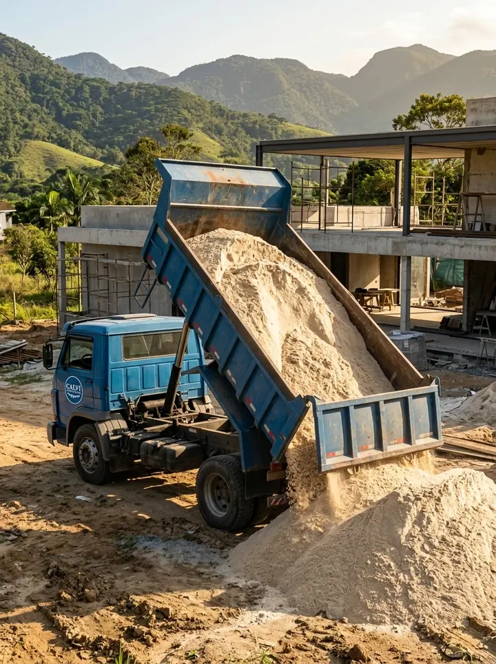 Caminhão basculante azul descarregando concha de areia