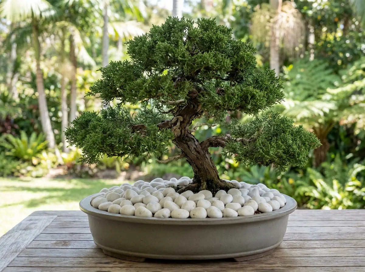 Bonsai num vaso raso coberto de seixo rolado 0, numa varanda