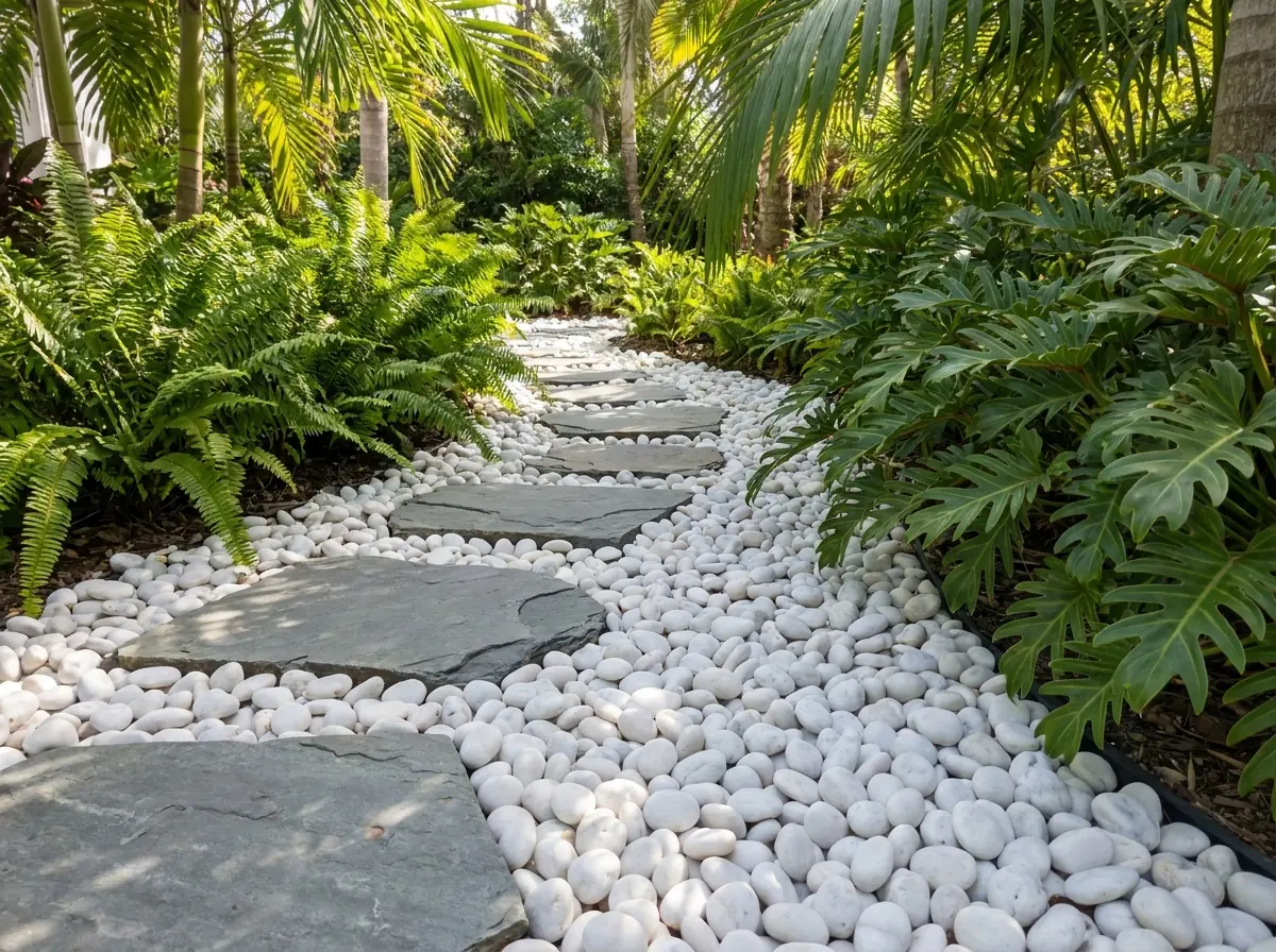 Leito seco de seixo rolado 2 com pedras de passagem num jardim tropical