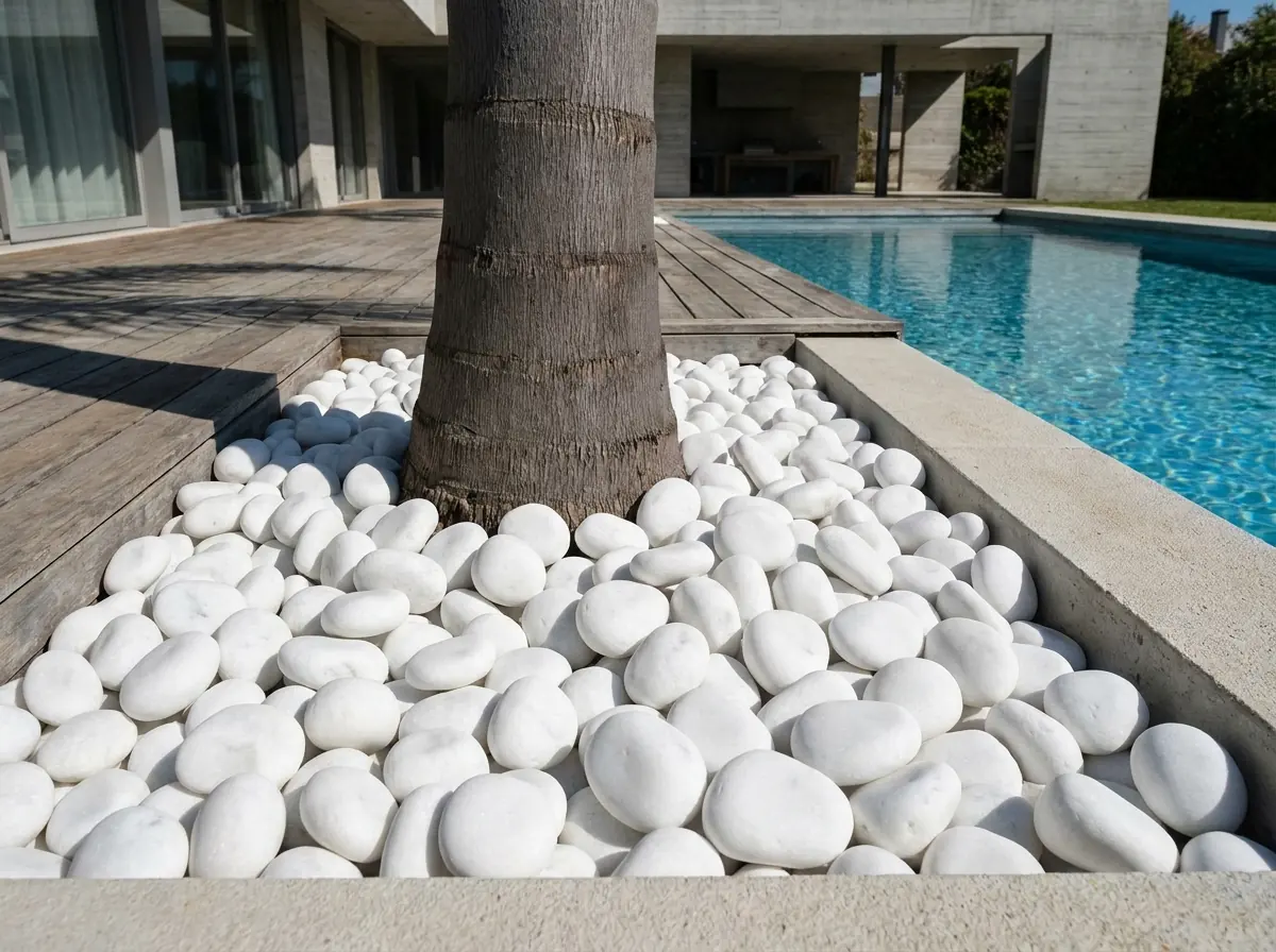 Seixo rolado 4 em volta de uma palmeira, ao lado da piscina